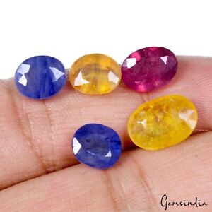 Certified 5 Pc Natural Ruby & Blue Yellow Sapphire Oval Gemstones For Ring 18+Ct