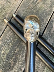 Bastone da passeggio in legno fatto a mano manico testa teschio ottone cromato vintage regalo - Foto 1 di 5