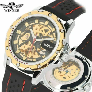 Top WINNER Band Men's Skeleton Automatic Mechanical Wristwatch Luminous Hands - Picture 1 of 7