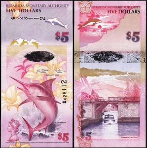 Bermuda 5 Dollars 2009, UNC, P-58a, Hybrid, Onion Prefix - Picture 1 of 3