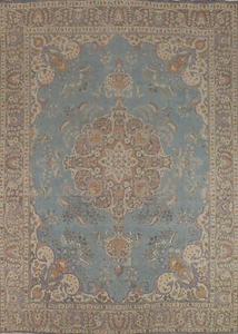 Vintage Over-Dyed Light Blue Floral Tebriz Area Rug Handmade Room Size Rug 10x12 - Picture 1 of 23
