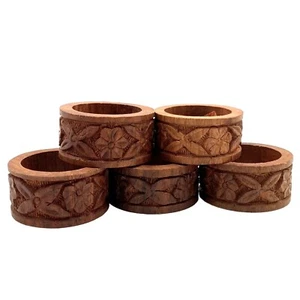 Vtg Hand Carved Sheesham Wood Napkin Rings Floral Holders Made in India Set of 5 - Picture 1 of 9