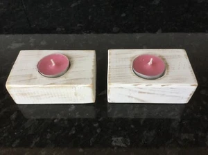 White Shabby Chic Solid Wood Candle Holders X 2 With Scented Candles - Picture 1 of 3