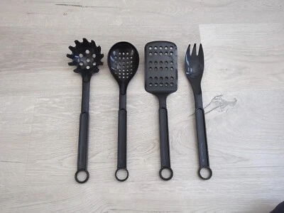 Farberware Kitchen Utensil Lot 4 Black Hanging Slotted Spoon Spatula Fork Pasta  - Image 1 of 4