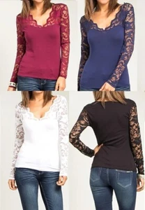 Scalloped Lace Neckline & Long Sleeve Jersey Blouse Jr Plus Top - Picture 1 of 12