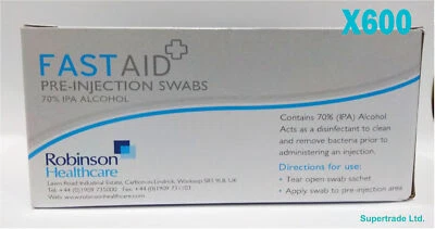Fast Aid Pre-Injection Swabs 70% IPA Alcohol Wipes Piercing Tattoo Medical X 600 - Image 1 of 4