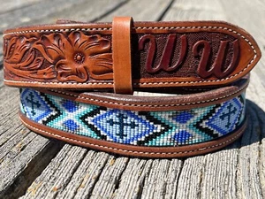 Leather Beaded Belt with WW Initials Hand Tooled Custom Beadwork Western New - Picture 1 of 5