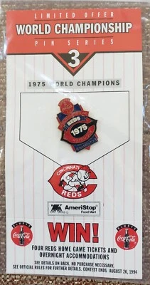 CINCINNATI REDS 5 TIME WORLD SERIES Lapel Pin #3 of 5 Coca-Cola / AMERISTOP Card - Image 1 of 2