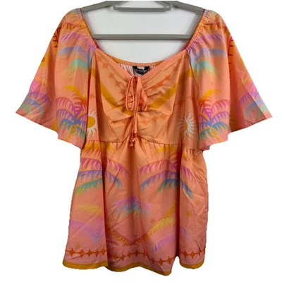 Nuevo Top Bloom Chic Naranja Estampado Playa Mujer Talla 14-16 Manga Acampanada Tropical Foto 1 de 4