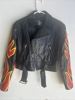 1990 Michael Hoban, chaqueta de motocicleta North Beach cuero negro llama Foto 1 de 4