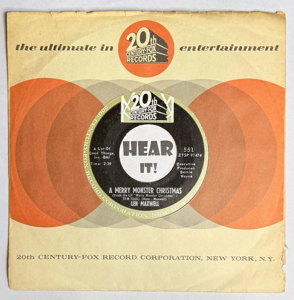 Halloween Christmas Novelty 45 LEN MAXWELL A Merry Monster Xmas 20TH FOX hear EX - Imagem 1 de 4