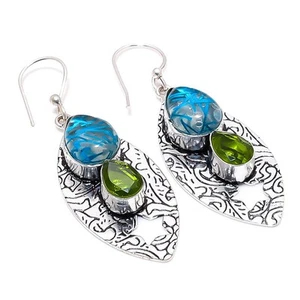 Blue Rutile, Peridot Gemstone 925 Sterling Silver Jewelry Earring 2.36 " - Picture 1 of 5