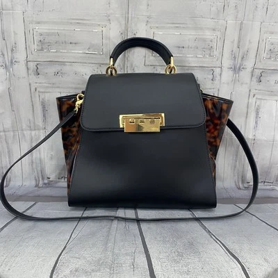 Bolso de Mano Zac Zac Posen Negro Marrón Leopardo Mango Superior Bandolera Correa D11 Foto 1 de 4