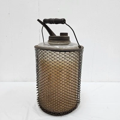 Early 1900's Glass & Wire Mesh Kerosene Oil Bottle Jug Antique Oil Jug Auto Jug - Image 1 of 4
