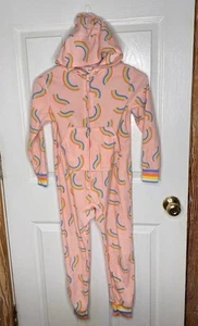 Cat & Jack Fleece Pajamas Girls Size 6-7 Pink Rainbow Hooded Long Sleeve - Picture 1 of 4