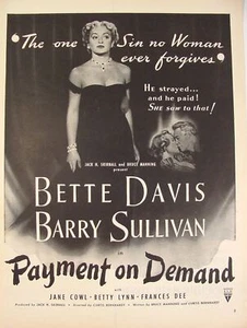 1951 Bette Davis Zahlung auf Abruf Barry Sullivan Film Druck Anzeige - Bild 1 von 1