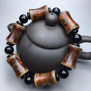 Bracciale Tibetano Tre Occhi Bambù Dzi Perline Agata Cinabro Infilato a Mano Gioielli - Foto 1 di 8