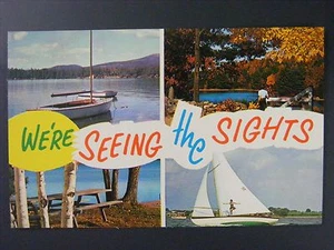 We're Seeing The Sights Lake Scene Sailboats Vintage Color Chrome Postcard 1950s - Picture 1 of 2