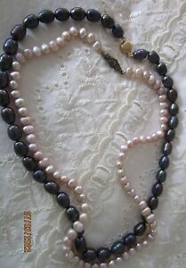 2 Strings of Freshwater Pearls One Black on 9ct Clasp & Pink with Marcasite 925