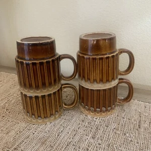 4**Vtg Japan Brown Drip Glaze Coffee Mugs Cup fluted stackable retro 1970's MCM - Picture 1 of 8