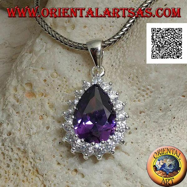 Ciondolo in Argento 925‰ zircone color ametista a goccia incastonato con zirconi - Immagine 1 di 1