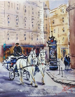 Carruaje de caballos acuarela original en Viena, pintura Austria, 12"x9" Foto 1 de 4