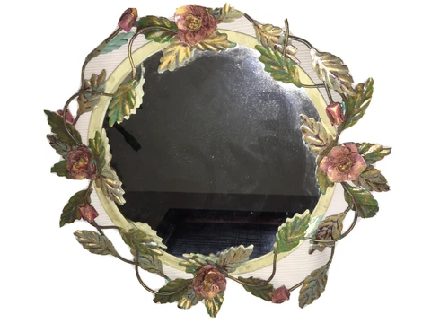 Vintage Floral Italian ? Tole  Shabby Wall Chic  Round MIRROR  Pink Roses Cover