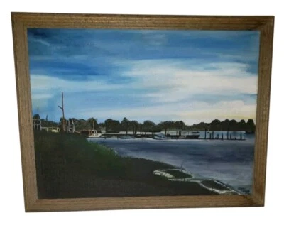 Pintura al óleo enmarcada de colección paisaje sereno frente al mar firmado por artista Foto 1 de 4