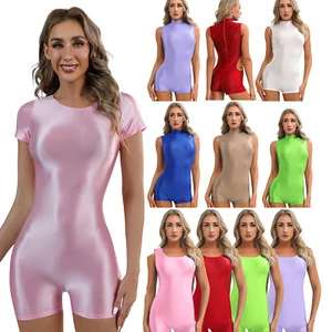 Women Swimwear Stretchy Glossy Short Jumpsuit Sleeveless One Piece Bathing Suit - Picture 1 of 299