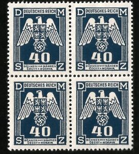 1943 NAZI GERMANY OCCUPATION OF CZECHOSLOVAKIA SWASTIKA EAGLE 4 MINT STAMP BLOCK