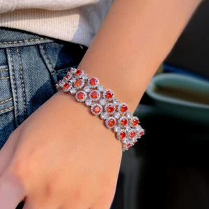 Brazalete brazalete plateado de cristal rojo con eslabones de cadena de tenis redondo de circonita cúbica para mujer - Imagen 1 de 18