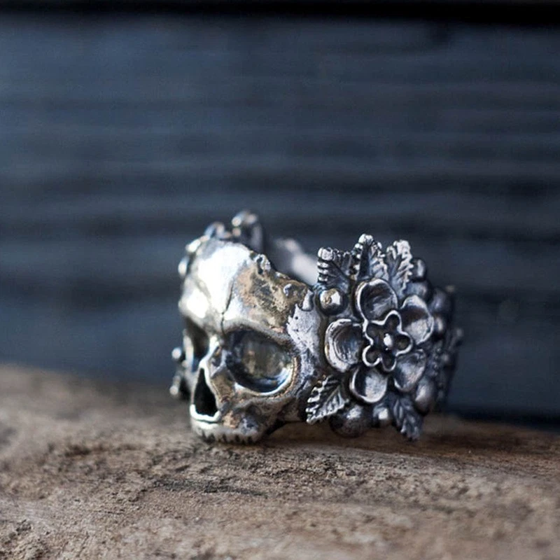 Anillo Gótico Calavera Flor Vintage Punk Hombres Mujeres Unisex Joyería Ajustable Foto 1 de 4