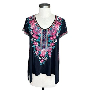 JOHNNY WAS Analiesse Drape V-neck Short-sleeve Top Side Stitch Detail Women's XS - Picture 1 of 6