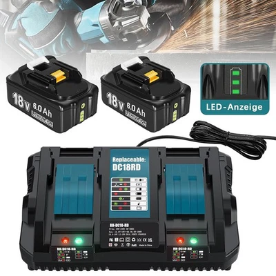MARKENLOS 2x 18V 6.0Ah Ersatzakku für Makita mit Dual Port 6A DC18RD Ladegerät für BL1860