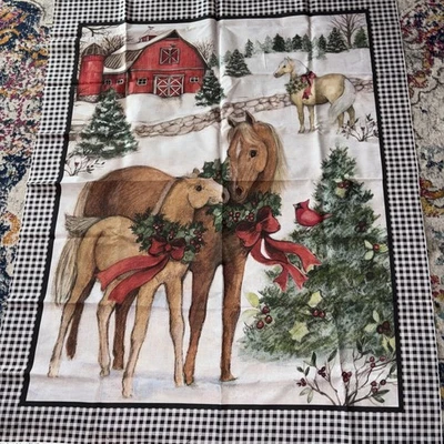 Christmas Two Horses Barn Susan Winget Cotton Fabric 36"X44" Wall Panel, Plaid - Image 1 of 2