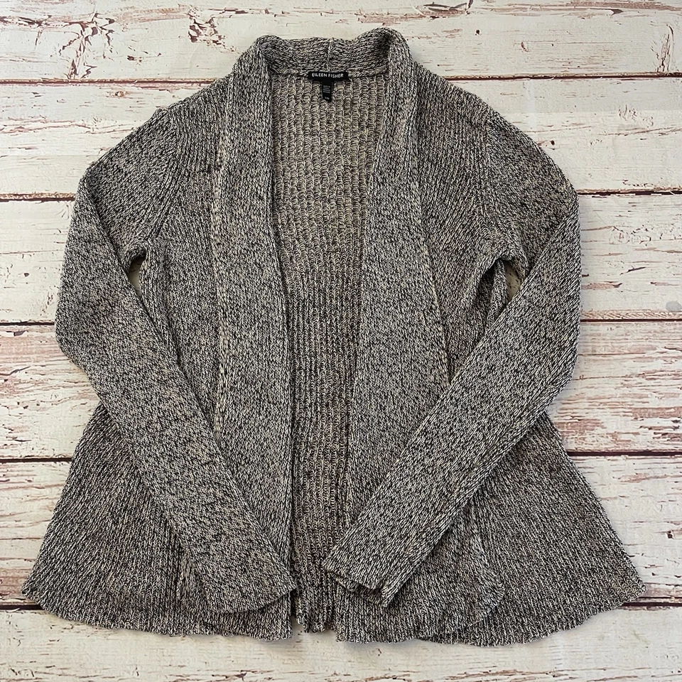 Cárdigan de lana de lino con frente abierto grande para mujer Eileen Fisher suéter tejido suelto gris Foto 1 de 4