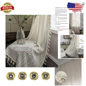 Chic Knitted Lace Curtains - 84” Long Bohemian Panels for Living Room or Bedroom - Picture 1 of 9