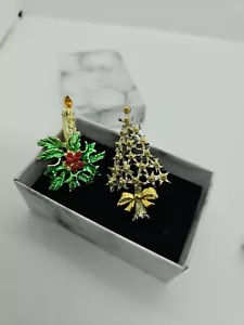 2 VTG Signed BJ Beatrix Christmas Candle Brooch Tree Brooch - Picture 1 of 9