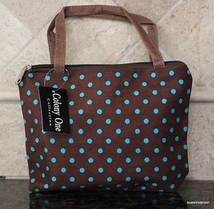 Mini Handbag Brown WBlue Dots Cosmetic Travel Tote Small Stylish Designer Fun - Picture 1 of 1