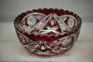 VINTAGE GERMAN 6" RUBY RED CUT TO CLEAR GLASS CRYSTAL BOWL SAWTOOTH EDGE NO CHIP - Picture 1 of 3