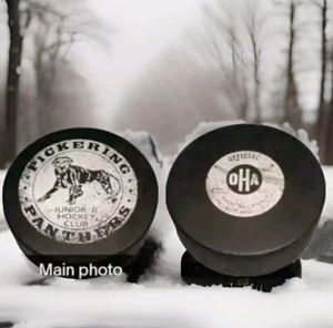 PICKERING PANTHERS OHA VINTAGE OFFICIAL HOCKEY PUCK made in 🇨🇦 JR. B VICEROY - Picture 1 of 12