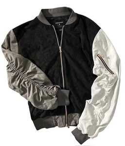 LIFTED ANCHORS Mens L Bird Bomber Jacket Black/White/Charcoal Faux Suede - Lined - Picture 1 of 9