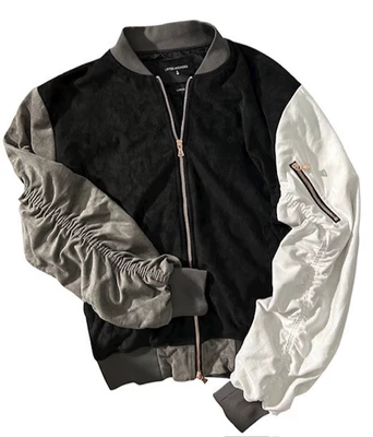 LIFTED ANCHORS Mens L Bird Bomber Jacket Black/White/Charcoal Faux Suede - Lined - Image 1 of 4