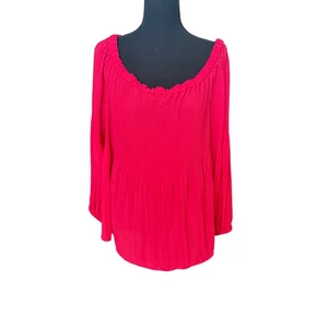 Michael Kors Deep Pink Pleated Blouse XL Long Sleeve Off Shoulder Top - Picture 1 of 5