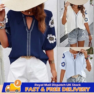 UK Women Boho Floral V Neck Tops Short Sleeve Summer Holiday T-Shirt Blouse Tee - Picture 1 of 20