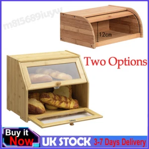 1/2 Tier Wooden Bread Bin Roll Top Kitchen Food Storage Container Bread Bin UK - Picture 1 of 18