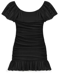 With Jules Ruched Flutter-Sleeve Mesh Dress Big Girls S Black Square Neck S/S - Picture 1 of 16