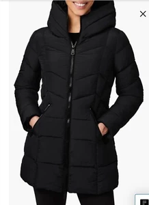 Bernardo women’s Jacket Black Full ZipPockets soft warm hoodedPuffer Coat L NWT - Picture 1 of 17