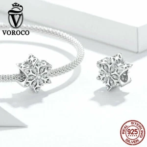 Voroco Sterling Silver Charm Bead CZ Shiny Snowflakes For European Bracelet - Picture 1 of 11
