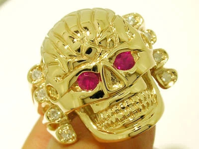 MR40- HEAVY 9ct SOLID Yellow Gold Natural Ruby & Diamond Skull Ring size 10 - Image 1 of 4